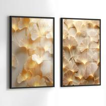 Conjunto 2 Quadros Decorativos com Moldura e Acrilico Cristal Vidro Ginkgo Dourado Luxo Kit para Sala, Escritorio, Hall Cozinha Conjunto 2 Quadros Decorativos com Moldura e Acrilico Cristal Vidro Ginkgo Dourado Luxo Kit para Sala, Escritorio, Hall Cozinha