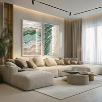 Conjunto 2 Quadros Decorativos com Moldura e Acrilico Cristal Vidro Mar Areia Abstrato Kit para Sala, Escritorio, Hall Cozinha