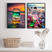 Conjunto 2 Quadros Praia Pedras Coloridas 33x24cm - com vidro Conjunto 2 Quadros Praia Pedras Coloridas 33x24cm - com vidro