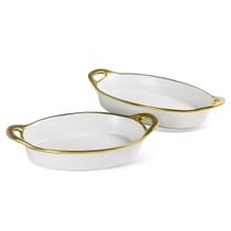 Conjunto 2 Travessas Oval com Alça de Cerâmica Branco e Dourado UN0099 BTC Conjunto 2 Travessas Oval com Alça de Cerâmica Branco e Dourado UN0099 BTC