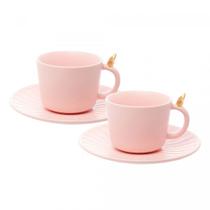 Conjunto 2 Xícaras de Chá de Cerâmica Colibri com Pires Rosa 170ml Wolff