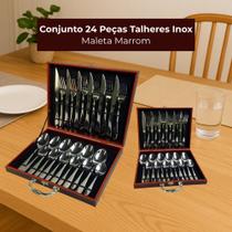 Conjunto 24 Peças Talheres Inox com Maleta Cozinha Comida Presente Mesa CORTINOX Marrom