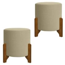 Conjunto 2Puff Thor Redondo Luxo Decorativo Charme com Pés de madeira Linho Bege Conjunto 2Puff Thor Redondo Luxo Decorativo Charme com Pés de madeira Linho Bege