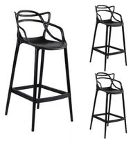 Conjunto 3 Banqueta Allegra Alta Master Empilhavel Preta Cozinha Americana Balcão Polipropileno