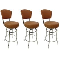 Conjunto 3 Banquetas Altura 65cm Bar Giratória Cromada com Encosto Assento grosso cor Canela