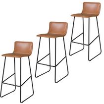 Conjunto 3 Banquetas Dubai em Couro Caramelo e Base Preta - C&M Decor Conjunto 3 Banquetas Dubai em Couro Caramelo e Base Preta - C&M Decor