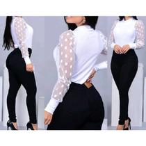 Conjunto 3 Blusas feminina canelada manga longa tule gola alta fashion