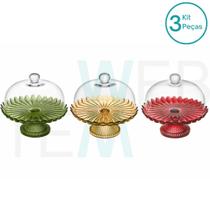 Conjunto 3 Boleiras de Vidro Com Pé Dourada, Verde e Vermelha Pétalas de Jasmin Vitazza: Prato 24cm Para Bolo, Festa, Mesa Posta Sustentável