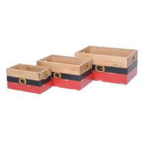 Conjunto 3 cachepots madeira com alça cinto noel vermelho