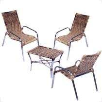Conjunto 3 Cadeiras e Mesa de Centro Alumínio Para Área Externa Fortaleza Fibra Sintética Artesanal