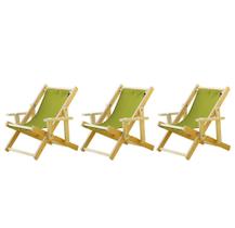 Conjunto 3 Cadeiras Espreguiçadeira Dobrável Infantil Madeira Maciça Natural com Tecido Verde