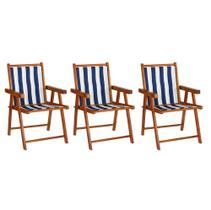 Conjunto 3 Cadeiras Praia Dobrável em Madeira Envernizada Mel com Tecido Listrado Azul e Branco