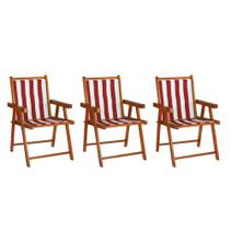 Conjunto 3 Cadeiras Praia Dobrável em Madeira Envernizada Mel com Tecido Listrado Vermelho e Branco