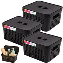 Conjunto 3 Caixa Organizadora Cesto Tampa Multiuso 2L Preto