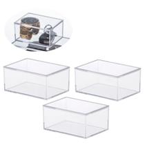 Conjunto 3 caixas decorativa acrílico pequena com tampa acessórios maquiagem mesa gaveta escritório