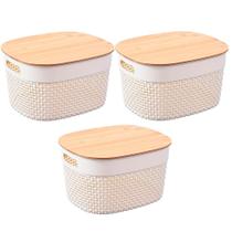 Conjunto 3 Caixas Plástico Com Tampa de Bambu Bege Just Home Collection
