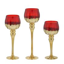 Conjunto 3 Castiçais Dourado e Vermelho 40cm