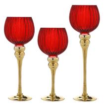 Conjunto 3 Castiçais vermelho com Base Dourada