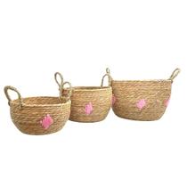 Conjunto 3 Cestos Fibra Natural Detalhe Rosa