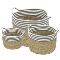 Conjunto 3 Cestos Organizadores Patay Or Design em Fibra Natural com Tecido Cinza e Branco Conjunto 3 Cestos Organizadores Patay Or Design em Fibra Natural com Tecido Cinza e Branco