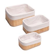 Conjunto 3 Cestos Retangulares De Bambu Com Forro De Tecido