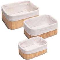 Conjunto 3 Cestos Retangulares Lyor Bambu com Forro em Tecido
