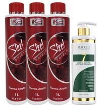 Conjunto 3 Escova Progressiva Selagem Térmica Redutor de Volume 1ka Steel Shield 1L e Leave in 7in1 Capilar Protetor Térmico Escova Profissional 500ml