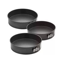 Conjunto 3 Formas Redondas de Alumínio com Fundo Removível Jogo Antiaderente para Bolo e Torta, kit de Assadeiras 24,26 e 28 cm