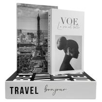 Conjunto 3 Livros Falsos Decorativos Porta Objetos Fake Travel Bonjour - Fake Decorativo