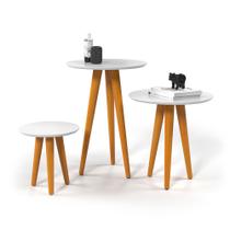 Conjunto 3 Mesas Lateral e Apoio Tampo Redonda Para Sala De Estar com Pés Cônicos (Palito) Retrô - Branco Conjunto 3 Mesas Lateral e Apoio Tampo Redonda Para Sala De Estar com Pés Cônicos (Palito) Retrô - Branco