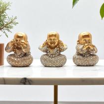 Conjunto 3 Mini Budas Sábios + Bandeja Espelhada Decorativa com Detalhes em Metal Dourado Conjunto 3 Mini Budas Sábios + Bandeja Espelhada Decorativa com Detalhes em Metal Dourado