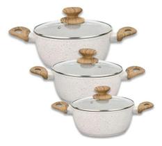 Conjunto 3 Panelas Caçarola Indução Gás Vitrocerâmico Elétrico Bege Creme Mundiart