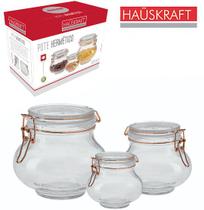 Conjunto 3 pçs de pote de vidro redondo com tampa hermetica e fecho metalizado rose gold - HAUSKRAFT
