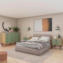 Conjunto 3 Peças, 2 Mesas de Cabeceira e 1 Cômoda 6 Gavetas com Pés em Madeira Maciça Savana/Alecrim Conjunto 3 Peças, 2 Mesas de Cabeceira e 1 Cômoda 6 Gavetas com Pés em Madeira Maciça Savana/Alecrim