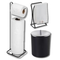 Conjunto 3 Peças Banheiro Lavabo Preto Fosco E Aço Inox Toalheiro Papeleira Lixeira 5 Litros