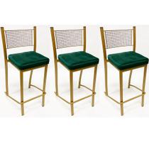 Conjunto 3 peças Banqueta Empilhável Alta para Bar cor Dourado Fosco assento veludo verde
