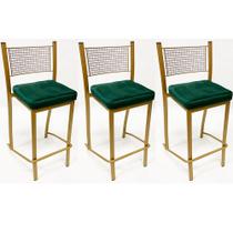 Conjunto 3 peças Banqueta Empilhável Alta para Bar cor Dourado Fosco assento veludo verde Conjunto 3 peças Banqueta Empilhável Alta para Bar cor Dourado Fosco assento veludo verde