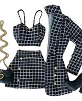 Conjunto 3 Peças Blazer Short Saia Cropped Xadrez Premium