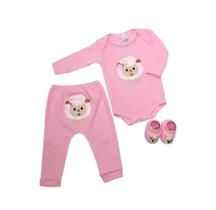 Conjunto 3 peças Body, mijão bordado e sapatinho Safari Rosa Conjunto 3 peças Body, mijão bordado e sapatinho Safari Rosa