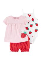 Conjunto 3 Peças Carters Feminino: Short Vermelho, Body Morango e Bata Rosa