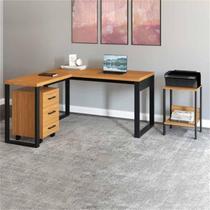 Conjunto 3 Peças com Escrivaninha em L 100% MDF, Gaveteiro 3 Gavetas e Mesa Auxiliar Industrial Freijó Preto Marrom Conjunto 3 Peças com Escrivaninha em L 100% MDF, Gaveteiro 3 Gavetas e Mesa Auxiliar Industrial Freijó Preto Marrom