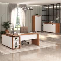 Conjunto 3 Peças com Mesa para Escritório Diretor, Balcão 4 Portas e Armário Multiuso 2 Freijó Branco