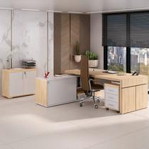 Conjunto 3 Peças com Mesa para Escritório Diretor em L, Armário Multiuso Baixo e Gaveteiro 3 Gavetas Carvalho Branco