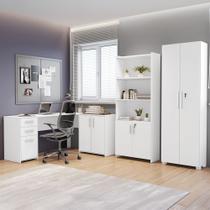 Conjunto 3 Peças com Mesa para Escritório em L, Armário Multiuso Alto Aberto e Fechado Branco Conjunto 3 Peças com Mesa para Escritório em L, Armário Multiuso Alto Aberto e Fechado Branco