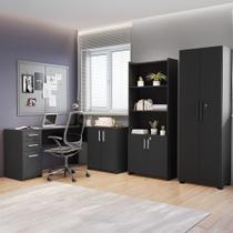 Conjunto 3 Peças com Mesa para Escritório em L, Armário Multiuso Alto Aberto e Fechado Preto Tx Conjunto 3 Peças com Mesa para Escritório em L, Armário Multiuso Alto Aberto e Fechado Preto Tx