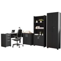 Conjunto 3 Peças com Mesa para Escritório em L, Armário Multiuso Alto Aberto e Fechado Preto Tx