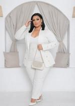 conjunto 3 peças cropped calça blazer feminino plus com detalhes de botao