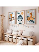 Conjunto 3 Peças Infantil Quadro Onça Urso Girafa Aviões Aventura Decoração