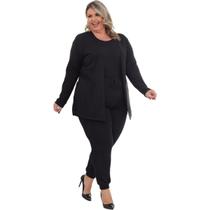 Conjunto 3 peças malha Lãzinha com Calça + Blusa regata + Cardigan manga longa Plus Size