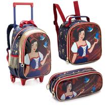 Conjunto 3 Peças Material Escolar Princesa Mochila de Rodinhas + Lancheira Térmica + Estojo Porta Caneta Giz Lápis Menina Criança Aulas Resistente